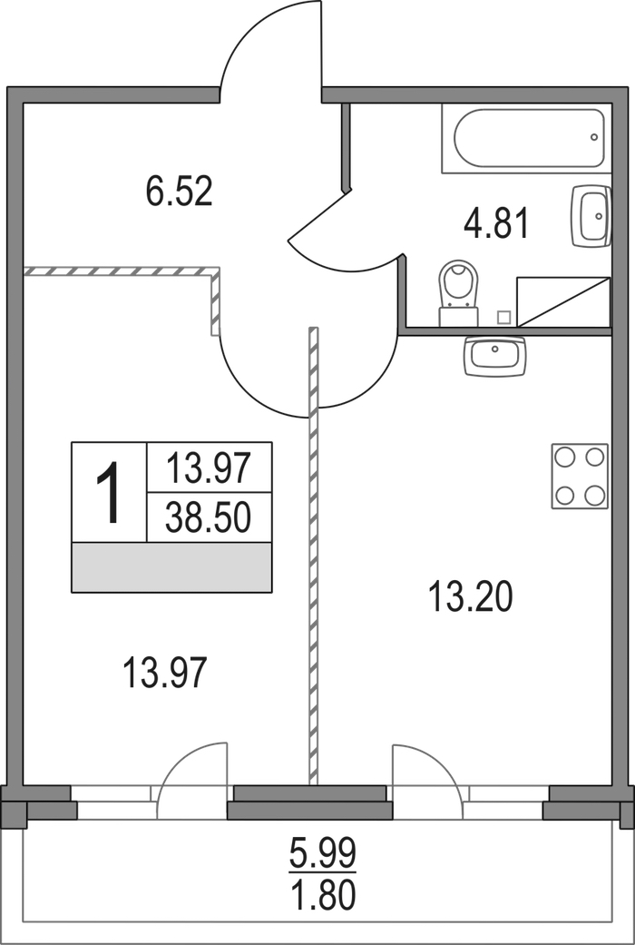1-комнатная квартира 38.5 м², 4/16 эт., ЖК «Приморский квартал»